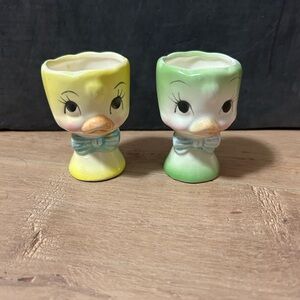 Vintage 1950s Japan Duck Egg Cups Pair Kitsch Easter Pastel Anthropomorphic